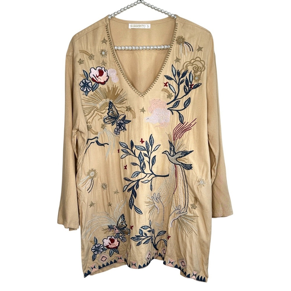 Sorrento Boho Embroidered Tunic Top Small Festival Indie Floral Ethereal Peasant
